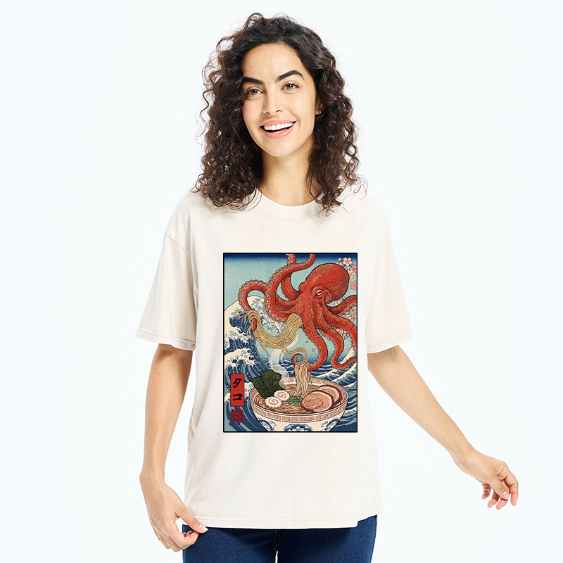 Tokyo-Tiger Octopus Eating Ramen Ukiyo Art Washed T-Shirt