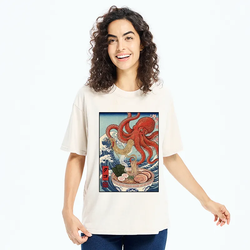 Tokyo-Tiger Octopus Eating Ramen Ukiyo Art Washed T-Shirt