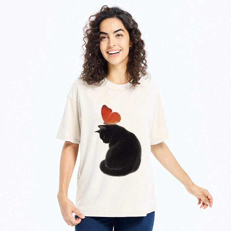 Tokyo-Tiger Black Cat With Orange Butterfly Washed T-Shirt