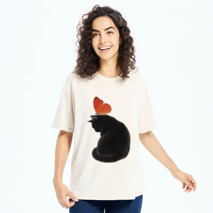 Tokyo-Tiger Black Cat With Orange Butterfly Washed T-Shirt