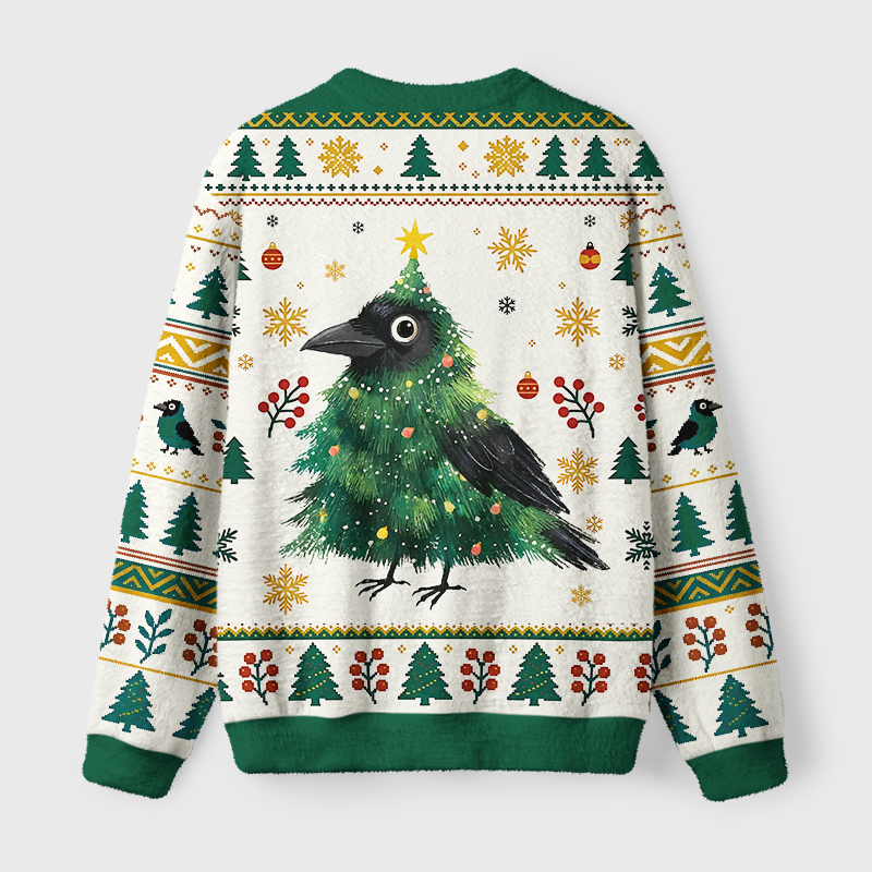Tokyo-Tiger Cute Christmas Tree Crow Fuzzy Christmas Ugly Sweatshirt