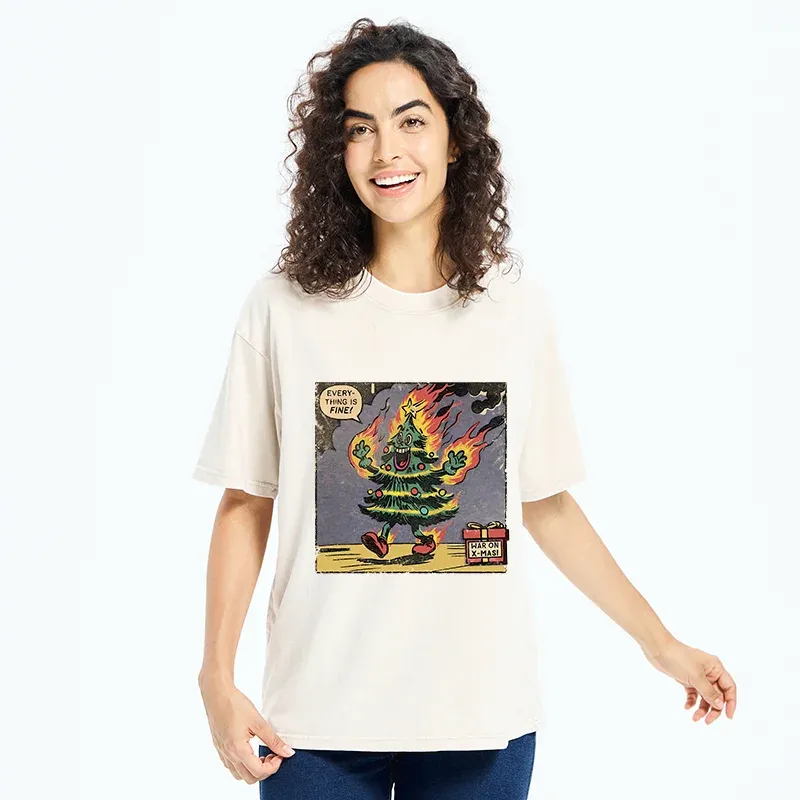Tokyo-Tiger Christmas Tree On Fire Washed T-Shirt