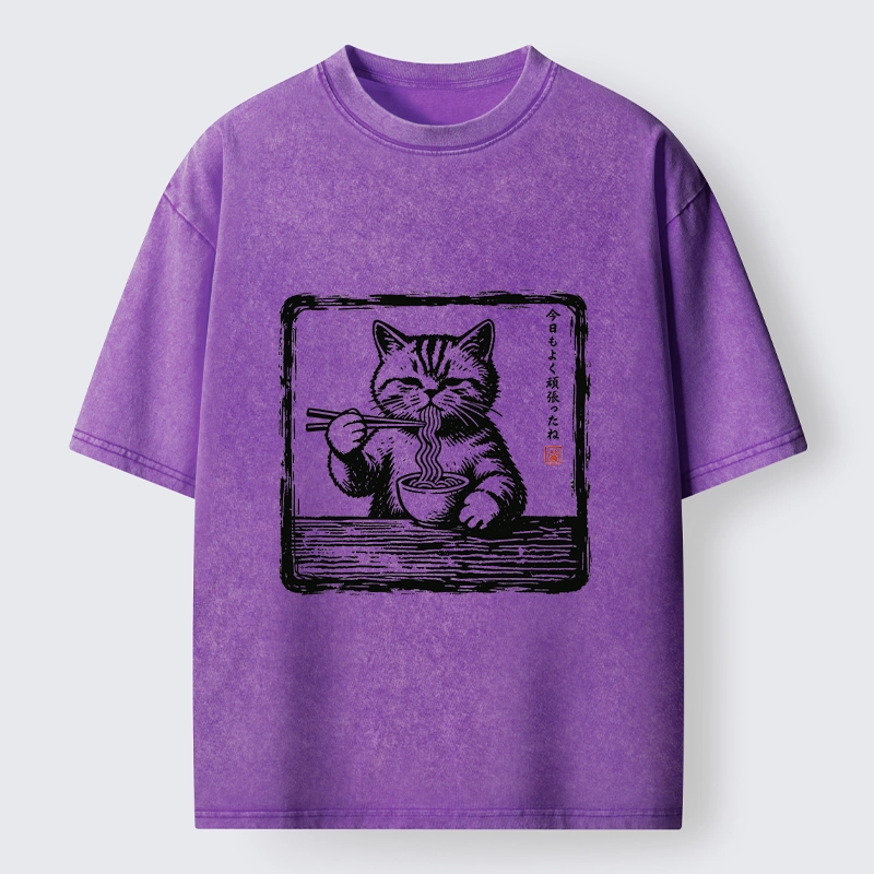 Tokyo‑Tiger Ramen Eating Cat Washed T‑Shirt
