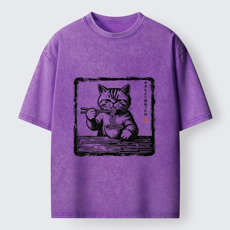 Tokyo‑Tiger Ramen Eating Cat Washed T‑Shirt
