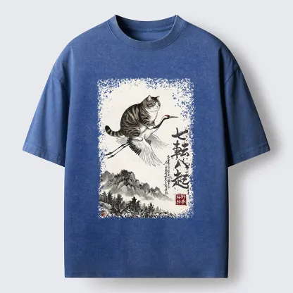 Tokyo-Tiger Funny Cat Riding Crane Art Washed T-Shirt