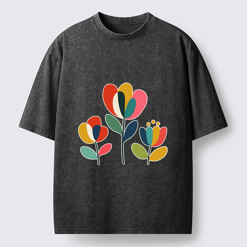 Tokyo-Tiger Modern Color Floral Art Washed T-Shirt