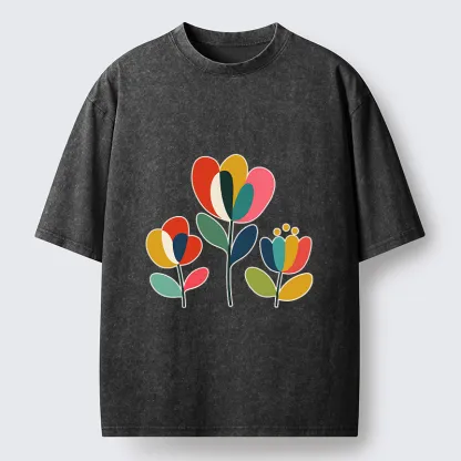 Tokyo-Tiger Modern Color Floral Art Washed T-Shirt