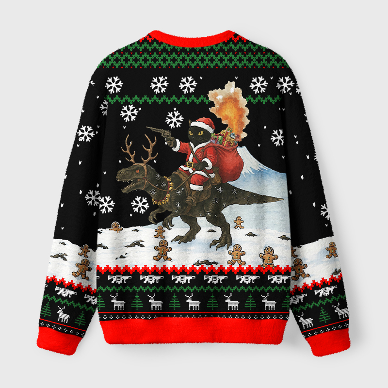 Tokyo-Tiger Cat Riding A Dinosaur Fuzzy Christmas Ugly Sweatshirt