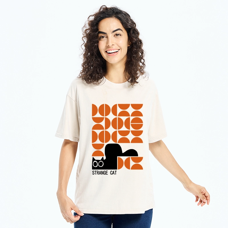 Tokyo-Tiger Black Cat Geometric Pattern Washed T-Shirt