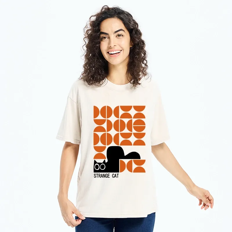 Tokyo-Tiger Black Cat Geometric Pattern Washed T-Shirt