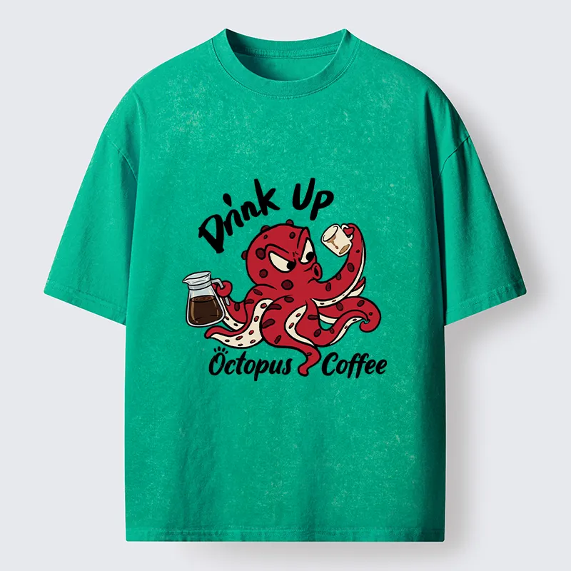 Tokyo-Tiger Red Octopus Drinking Coffee Washed T-Shirt
