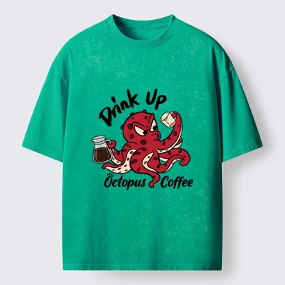 Tokyo-Tiger Red Octopus Drinking Coffee Washed T-Shirt