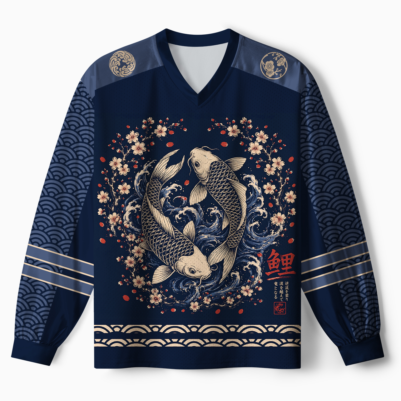 Tokyo-Tiger Japanese Twin Koi Wave Art Paneled Long Sleeve Jersey