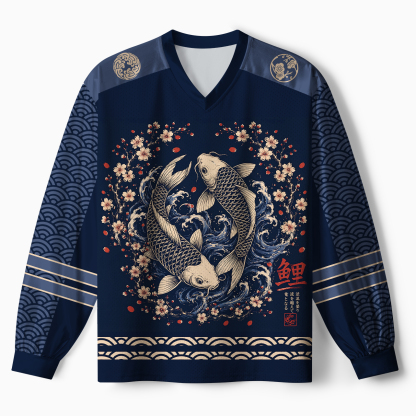 Tokyo-Tiger Japanese Twin Koi Wave Art Paneled Long Sleeve Jersey