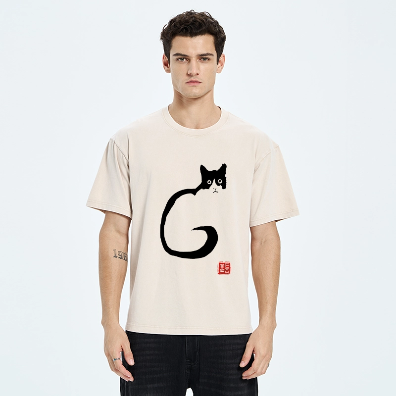 Tokyo-Tiger Calm Cat in Simple Lines Washed T-Shirt