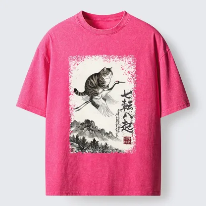Tokyo-Tiger Funny Cat Riding Crane Art Washed T-Shirt
