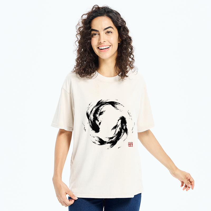 Tokyo-Tiger Ink Koi Fish Circle Washed T-Shirt
