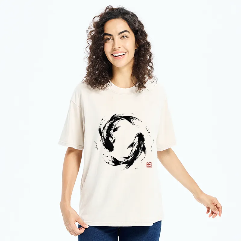Tokyo-Tiger Ink Koi Fish Circle Washed T-Shirt