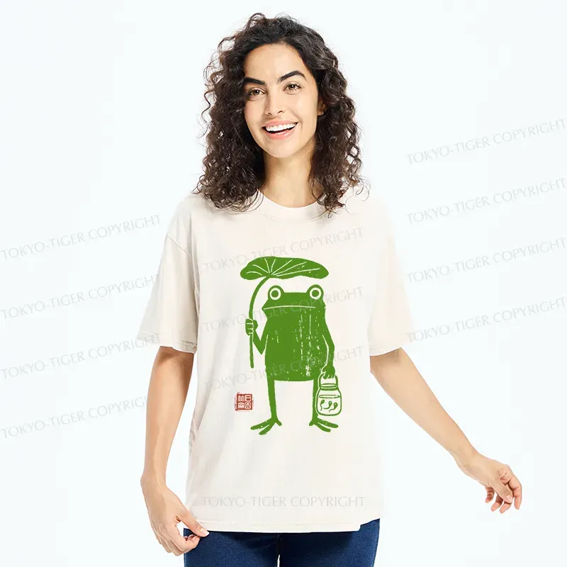 Tokyo-Tiger Frogs Taking Shelter From The Rain Washed T-Shirt