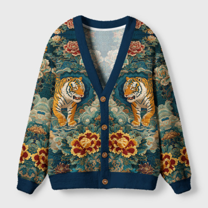 Tokyo-Tiger Imperial Tiger Tapestry Ugly Cardigan Sweater