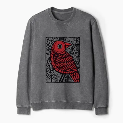 Tokyo-Tiger Retro Woodblock Bird Washed Terry Sweatshirt