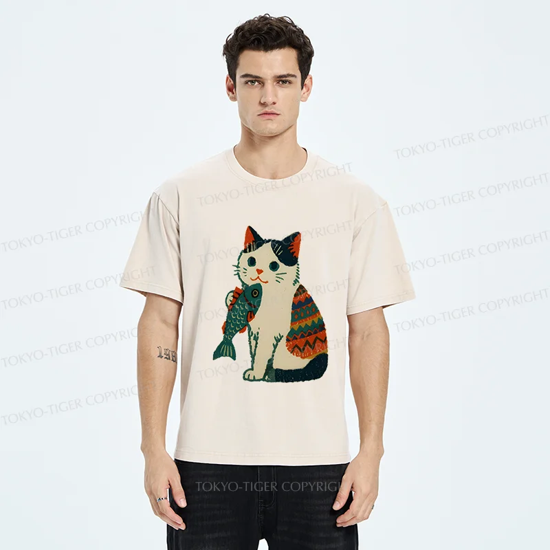 Tokyo-Tiger Retro Kitten Catching Fish Washed T-Shirt