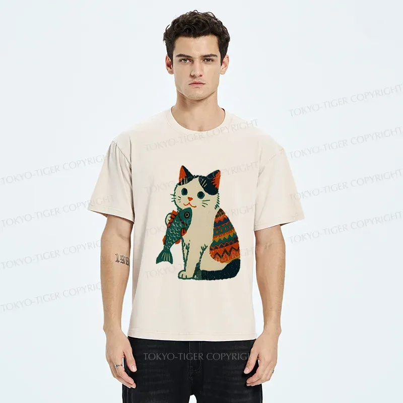 Tokyo-Tiger Retro Kitten Catching Fish Washed T-Shirt