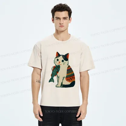 Tokyo-Tiger Retro Kitten Catching Fish Washed T-Shirt