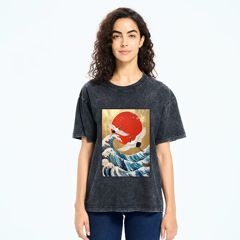 Tokyo-Tiger Cranes And Waves Ukiyo-e Washed T-Shirt