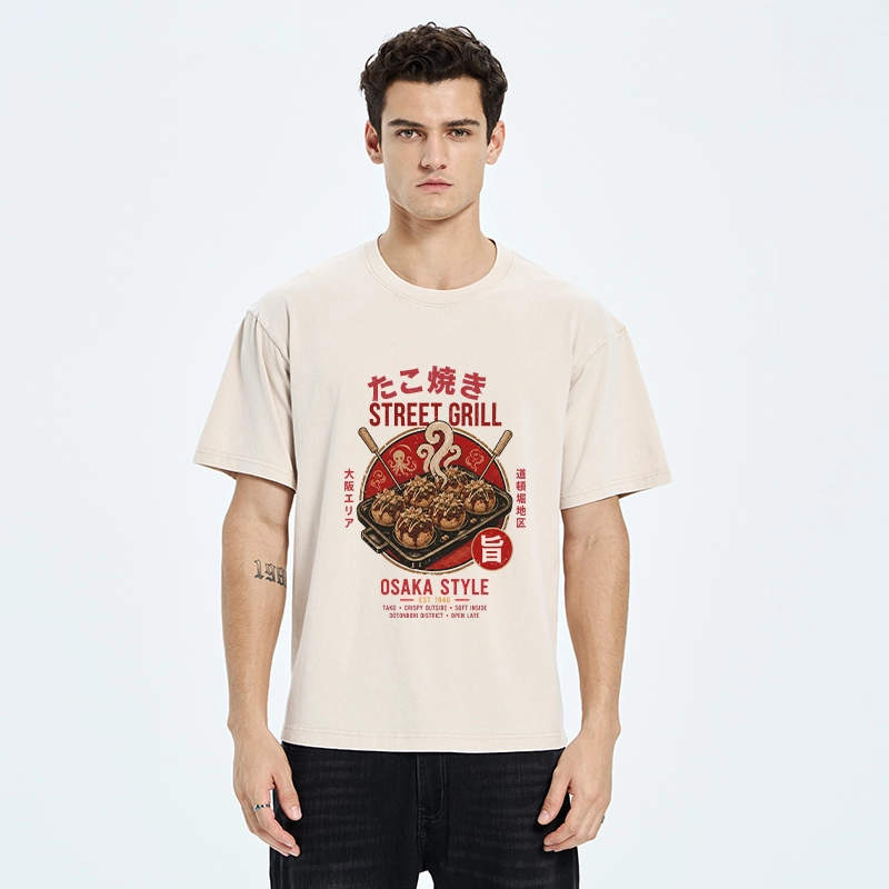 Tokyo-Tiger Osaka Takoyaki Street Grill Art Washed T-Shirt