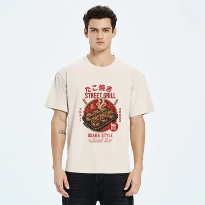 Tokyo-Tiger Osaka Takoyaki Street Grill Art Washed T-Shirt