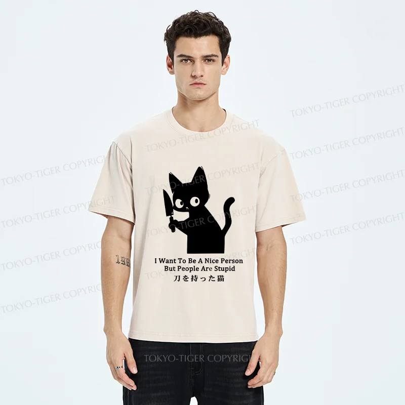 Tokyo-Tiger Black Cat With A Knife Washed T-Shirt