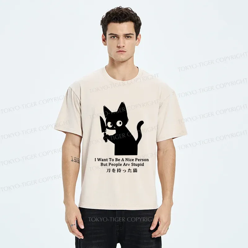 Tokyo-Tiger Black Cat With A Knife Washed T-Shirt