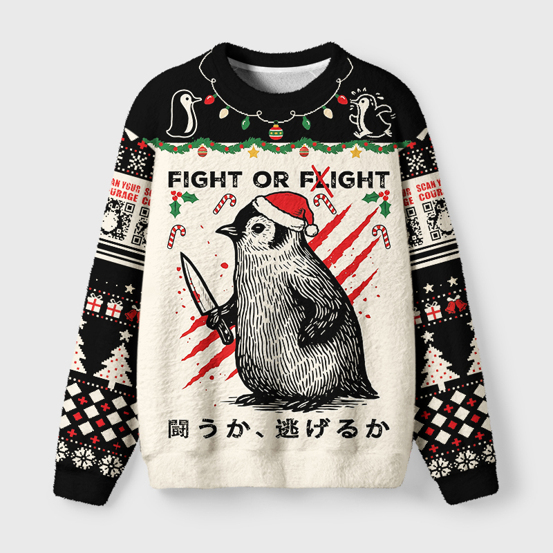 Tokyo-Tiger Woodblock Penguin:Fight Or Flight Fuzzy Christmas Ugly Sweatshirt
