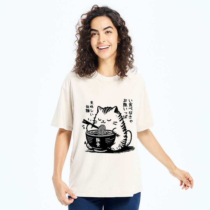 Tokyo-Tiger Cute Cat Eating Ramen Washed T-Shirt
