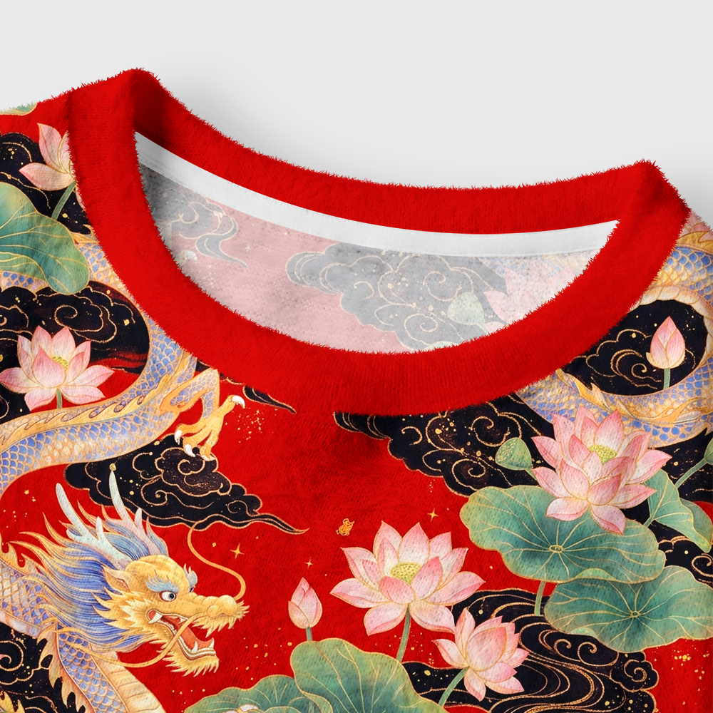 Tokyo-Tiger Traditional Asian Dragon Lotus Blossom Women's Fuzzy Cropped Sweatshirt