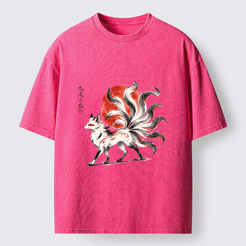 Tokyo-Tiger Nine-Tailed Fox Ink Art Washed T-Shirt