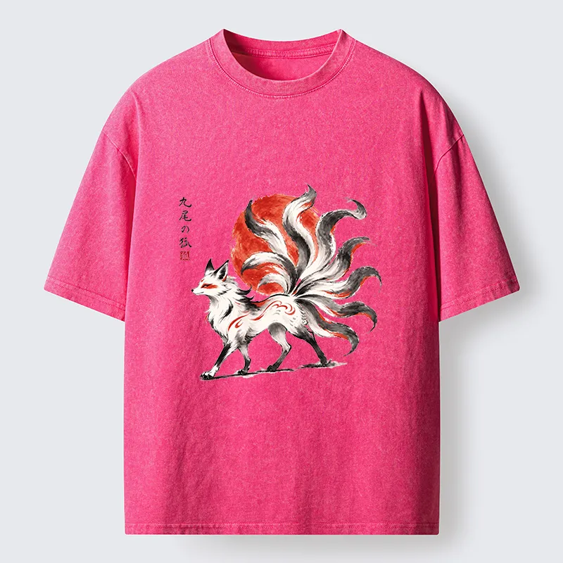 Tokyo-Tiger Nine-Tailed Fox Ink Art Washed T-Shirt