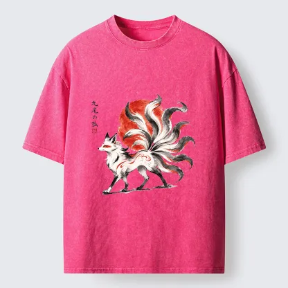 Tokyo-Tiger Nine-Tailed Fox Ink Art Washed T-Shirt