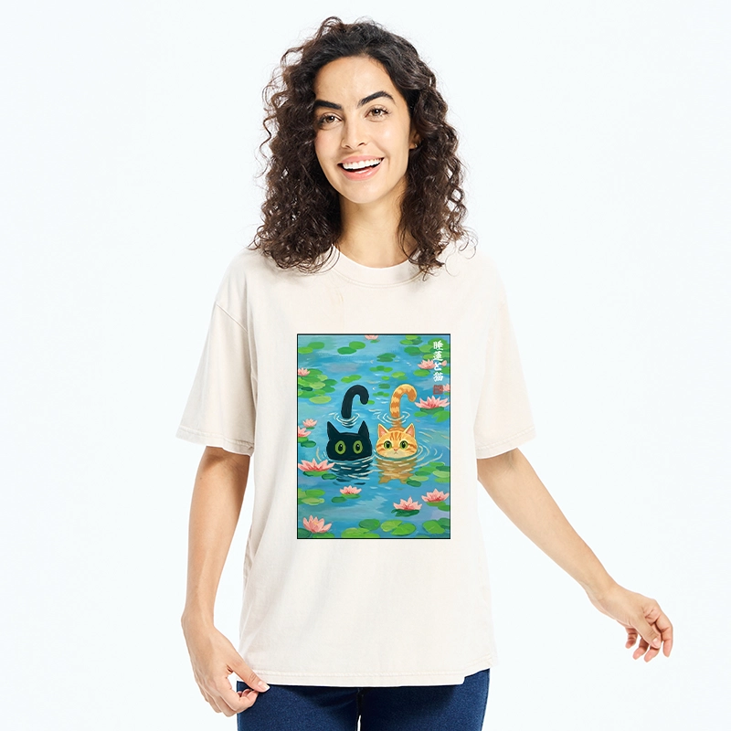 Tokyo-Tiger Cats In The Lotus Pond Washed T-Shirt