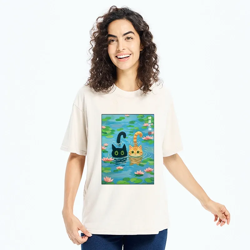 Tokyo-Tiger Cats In The Lotus Pond Washed T-Shirt