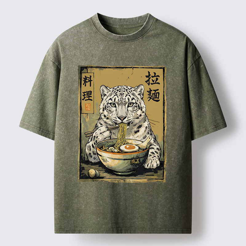 Tokyo-Tiger Ramen Snow Leopard Meme Washed T-Shirt