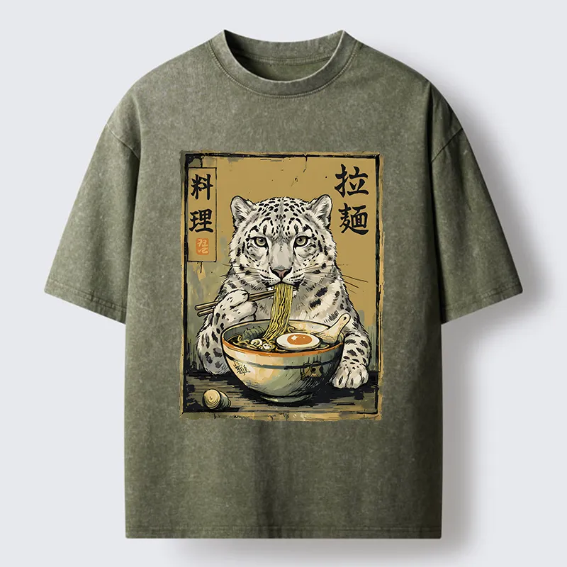 Tokyo-Tiger Ramen Snow Leopard Meme Washed T-Shirt