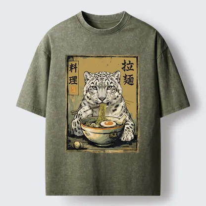 Tokyo-Tiger Ramen Snow Leopard Meme Washed T-Shirt