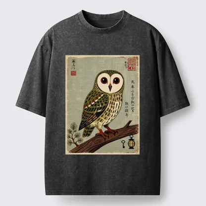 Tokyo-Tiger Vintage Woodblock Owl Art Washed T-Shirt