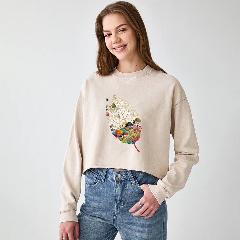 Tokyo-Tiger One Leaf Holds A Tiny Colorful World Washed Crop Sweatshirt