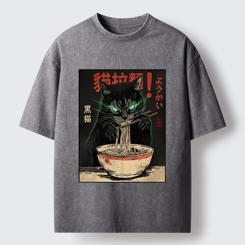 Tokyo‑Tiger Black Cat Ramen Feast Washed T‑Shirt