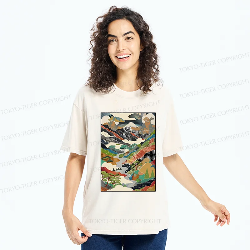 Tokyo-Tiger Japanese Mountain Scenery Washed T-Shirt
