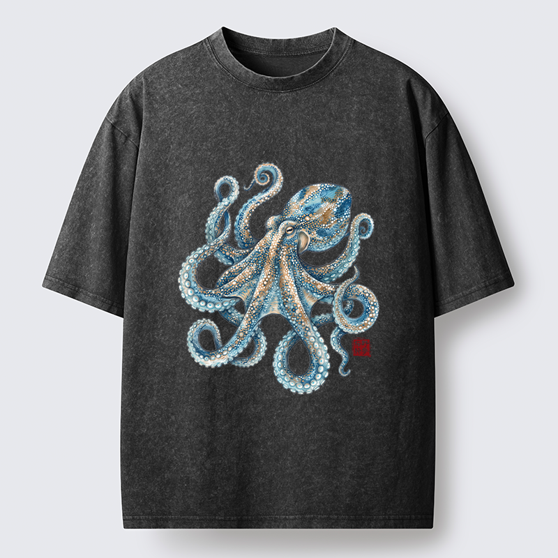 Tokyo-Tiger Ocean Octopus Art Washed T-Shirt