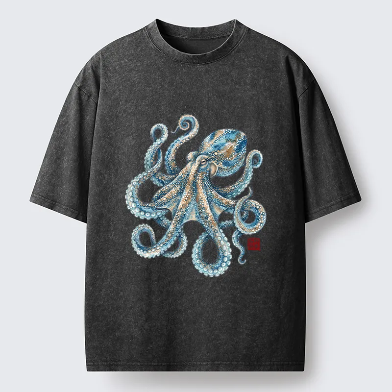 Tokyo-Tiger Ocean Octopus Art Washed T-Shirt
